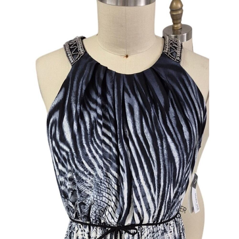 NWT Studio One Maxi Dress Mixed Animal Print Beaded Necklace Strap Sz 14 P - Picture 3 of 10